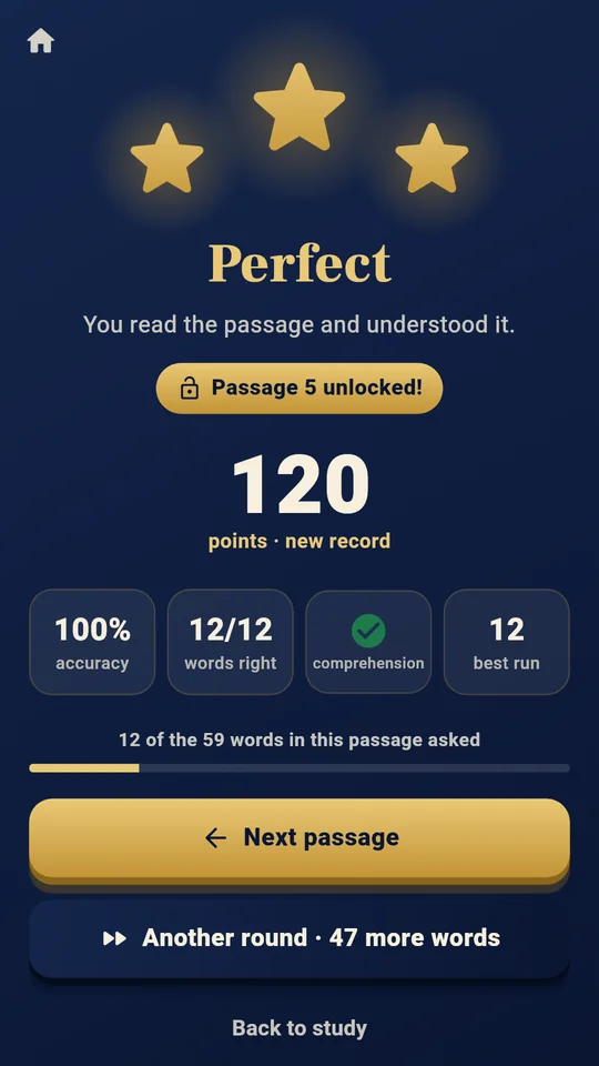 Results screen: three stars, 120 points, passage 5 unlocked